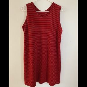 Red summer dress with black pinstripes.